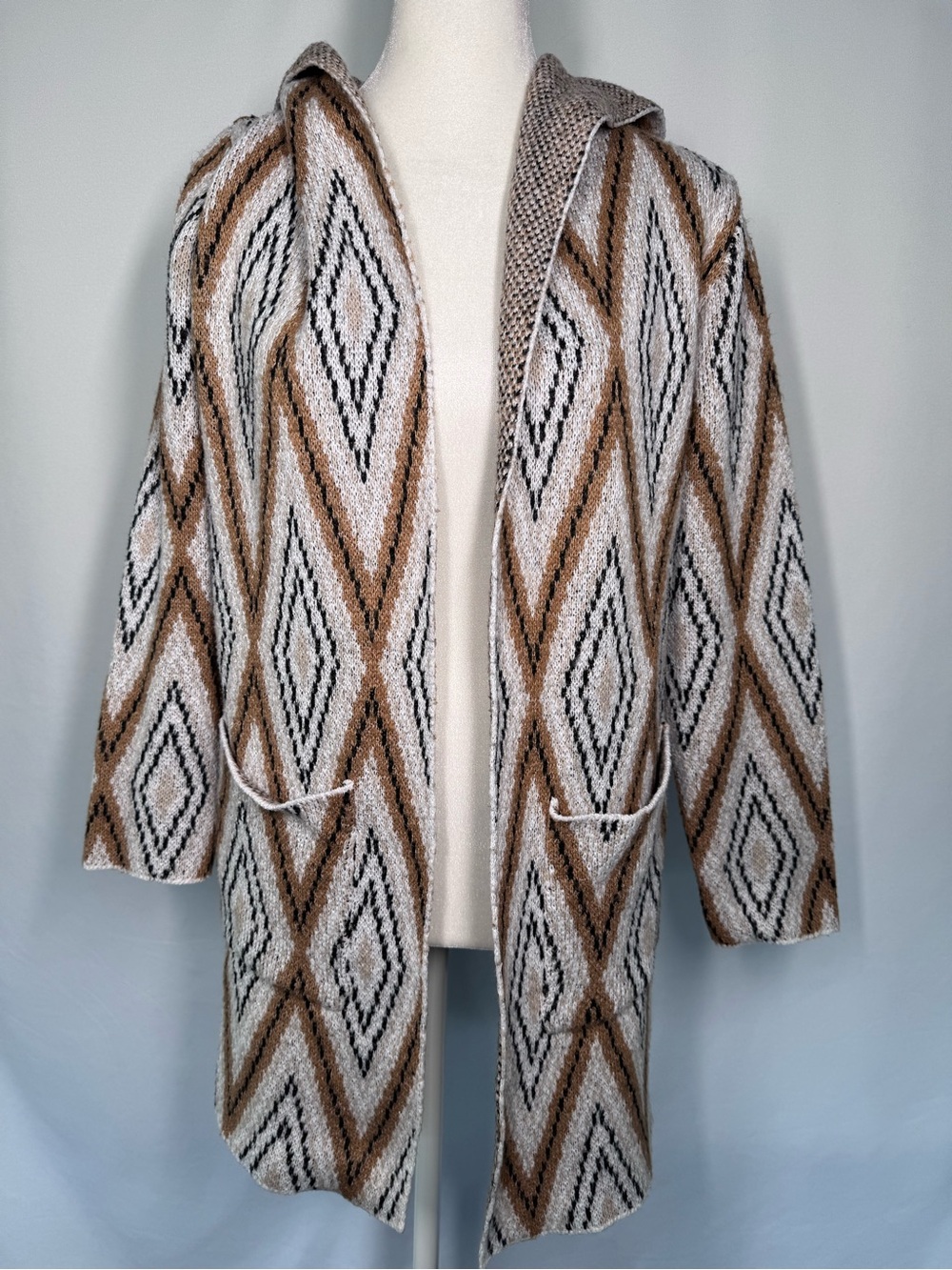 ❤️3/$30  Kempson Hooded Diamond Duster Cardigan Sweater Open Front Boho - M